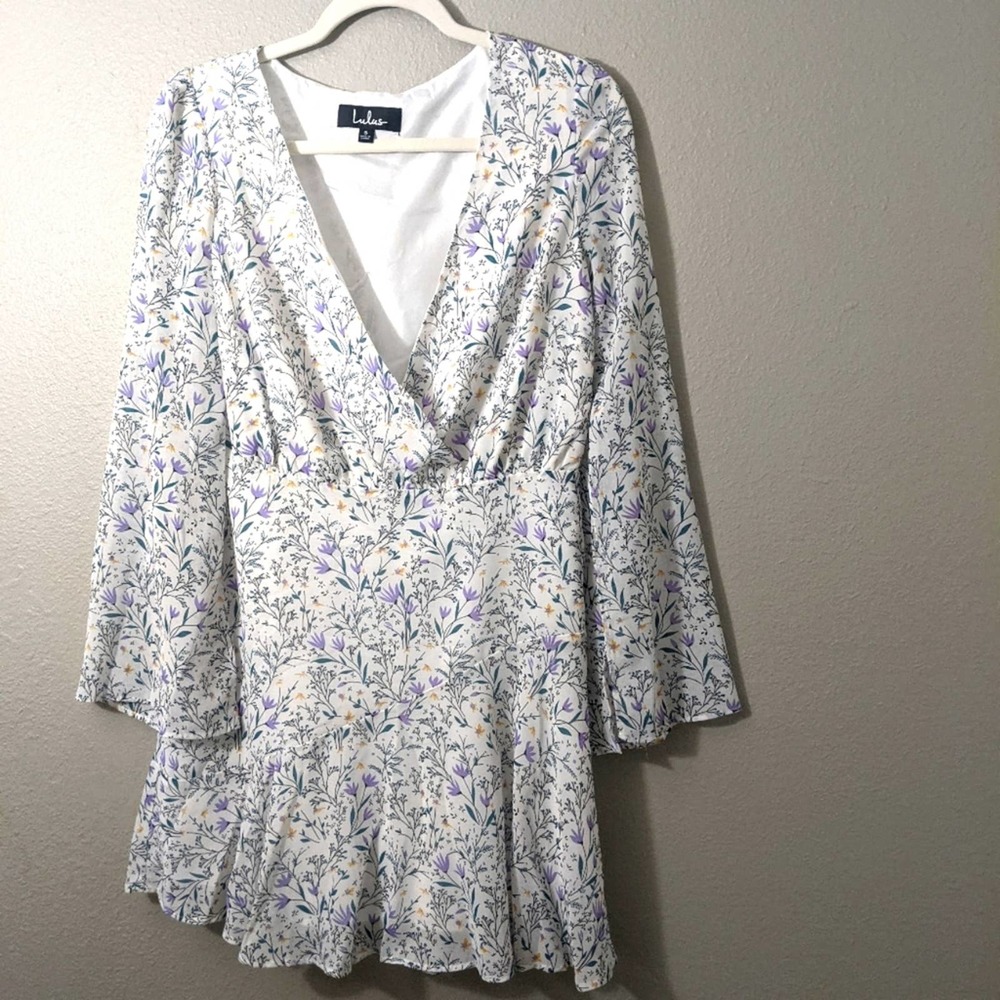 Lulu's White Floral Mini Dress with Lavender and Yellow Accents